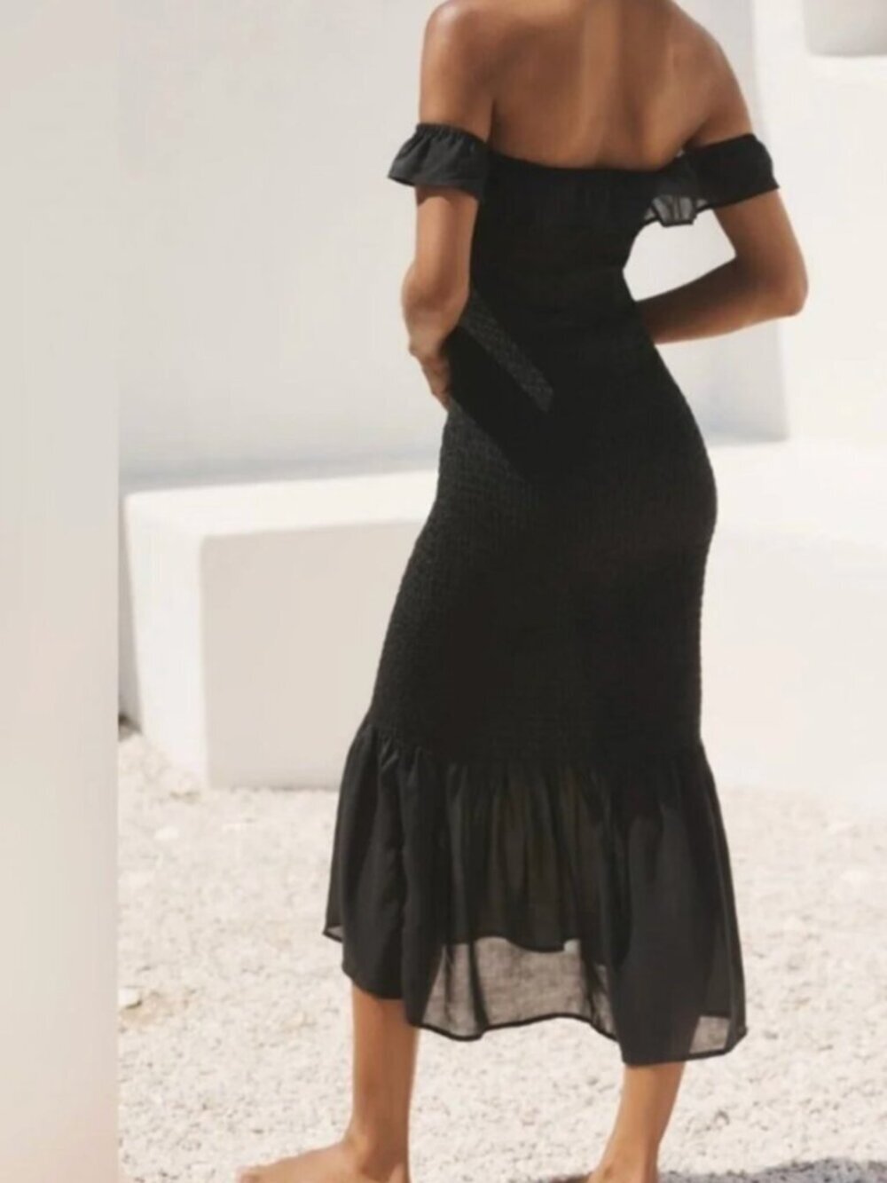 Anthropologie Black Smocked Ruffle Off-Shoulder Dress - Picture 3 of 15